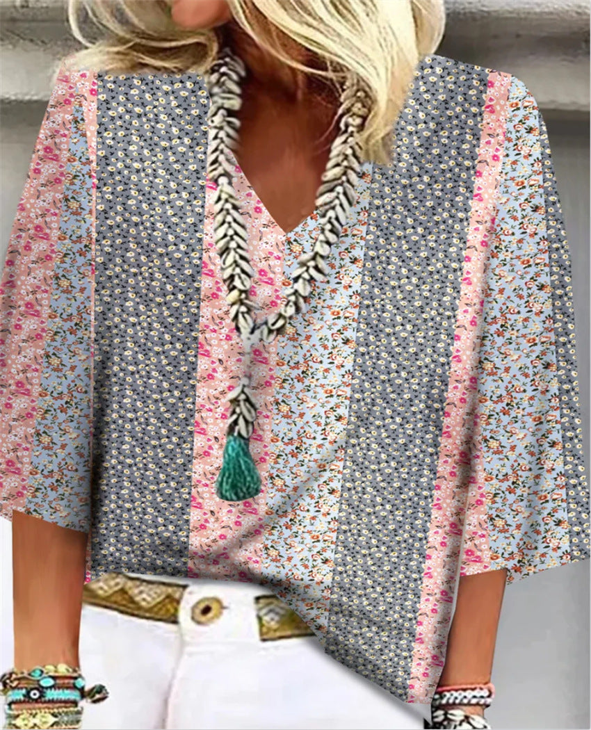 Mosaic | Women's V-Neck 3/4 Sleeve Top with Ditsy Floral Patchwork