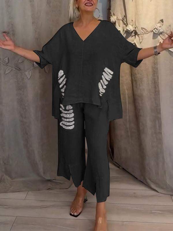 Pearl | Women's Casual V-Neck Top & Cropped Pants 2-Piece Set