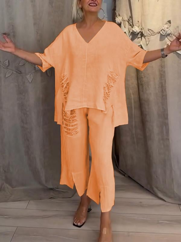 Pearl | Women's Casual V-Neck Top and Cropped Pants 2-Piece Set