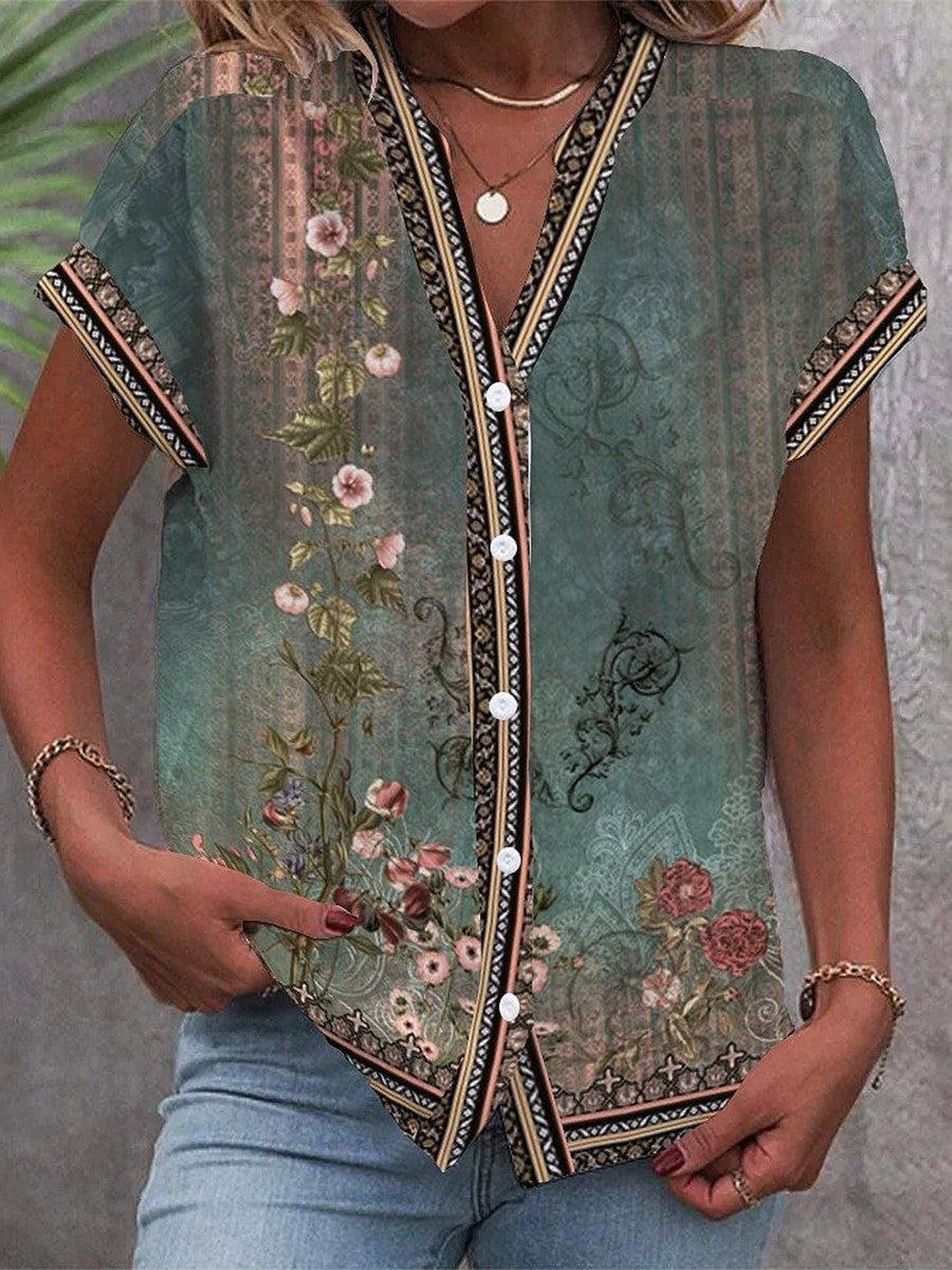 Vera | Women's Retro Floral V-Neck Button-Up Blouse