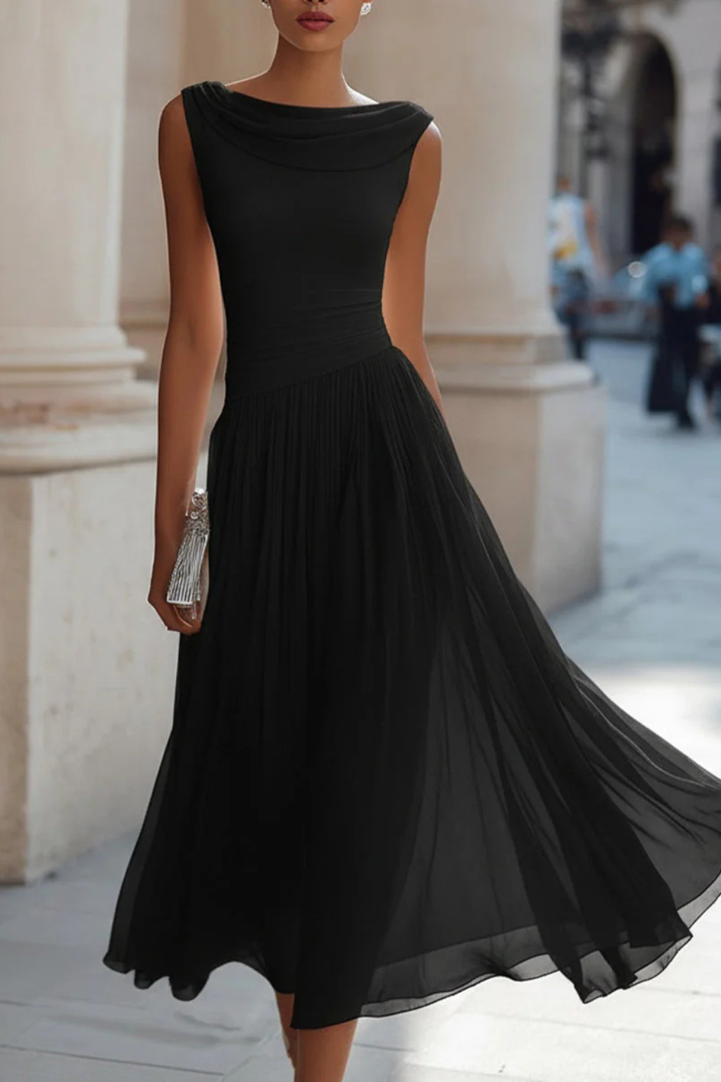 Celeste | Women's Midi Dress with Sleeveless Pleated Design