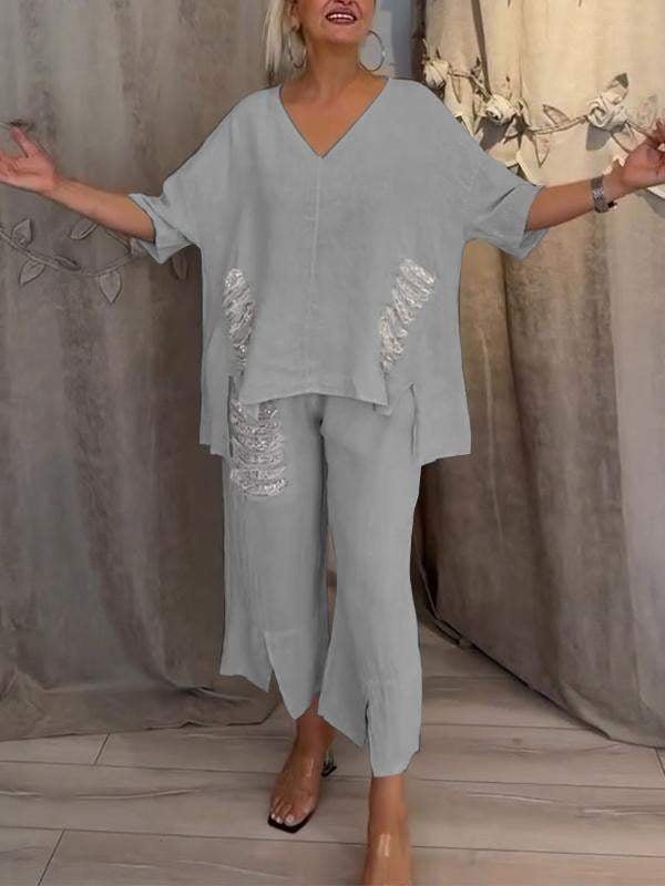 Pearl | Women's Casual V-Neck Top and Cropped Pants 2-Piece Set