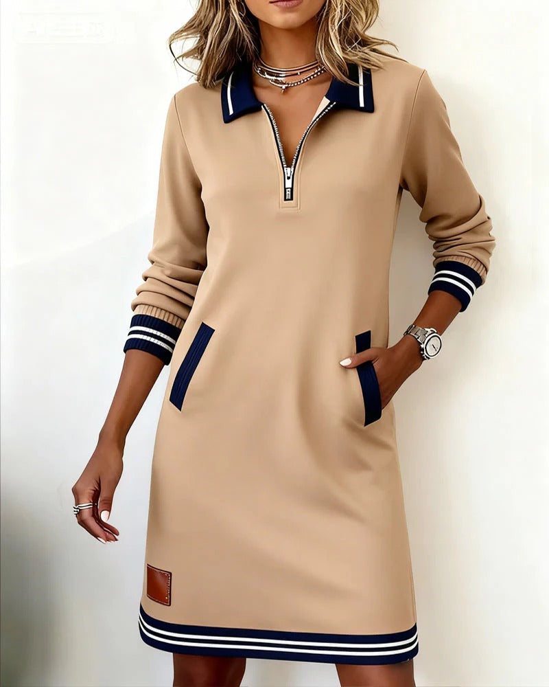 Chloe | Women's Midi Dress with Zip Front and Collared Design