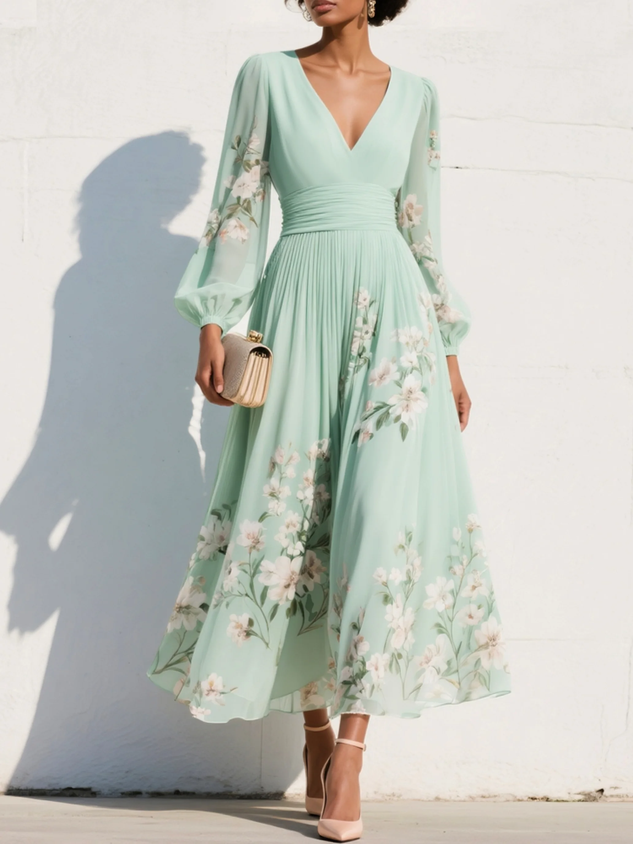 Clementina | Women's Floral V-Neck Midi Dress" can be rewritten as:

"Clementina | Women's Midi Dress with Floral V-Neck Design