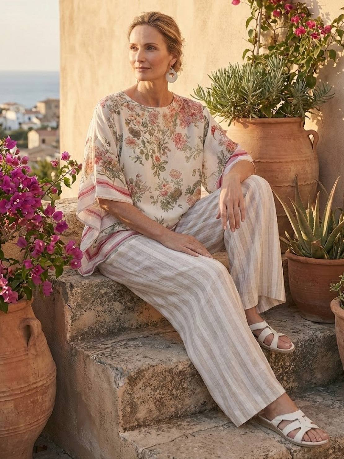 Paloma | Women's Striped Wide-Leg Pants and Tee Set - Casual Two-Piece Outfit