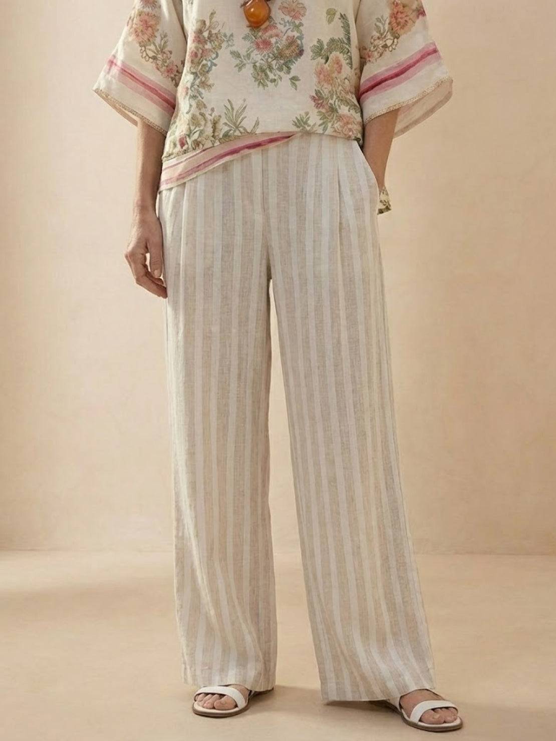 Paloma | Women's Striped Wide-Leg Pants and Tee Set - Casual Two-Piece Outfit