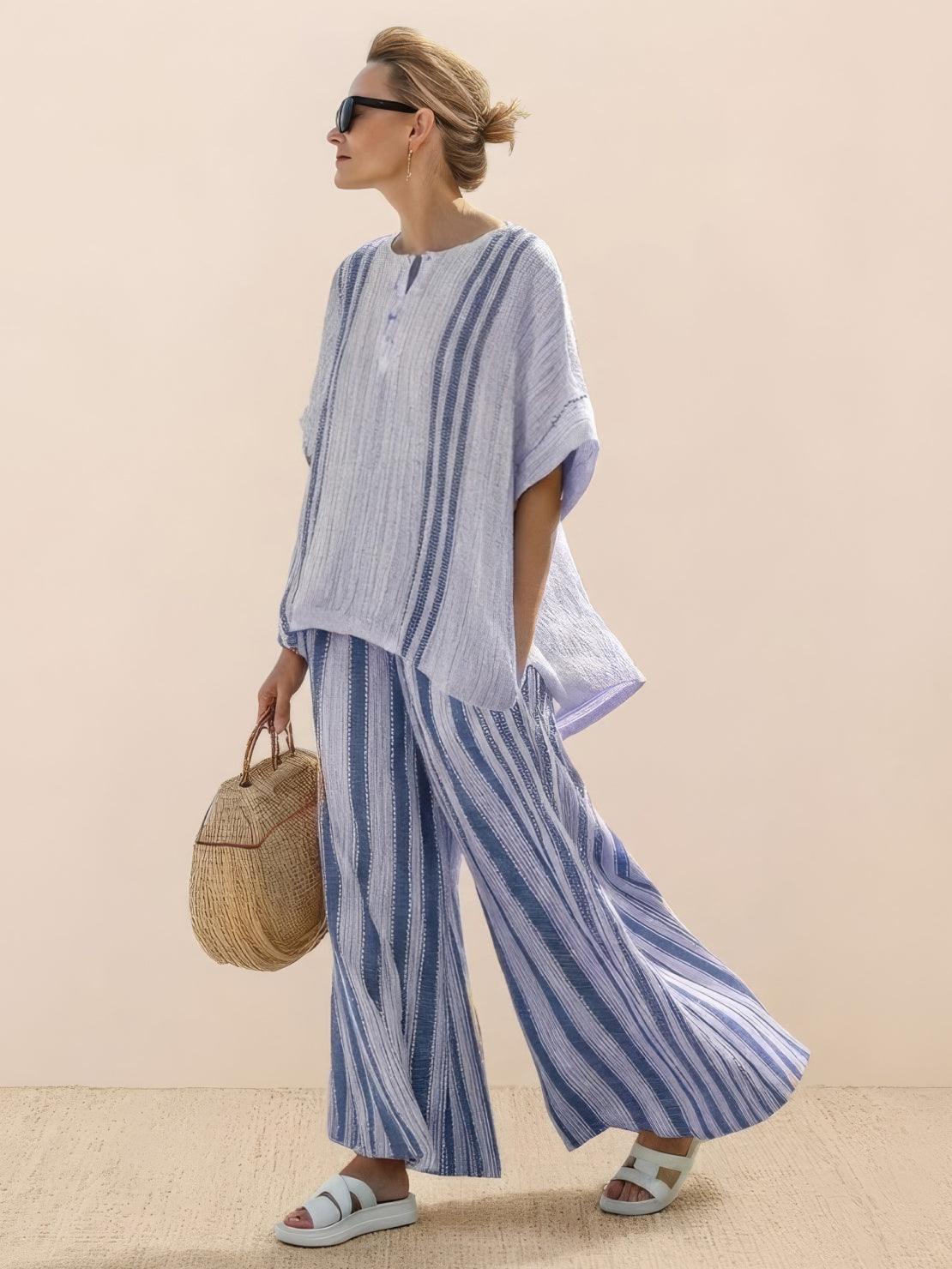 Paloma | Women's Striped Wide-Leg Pants and Tee Set - Casual Two-Piece Outfit