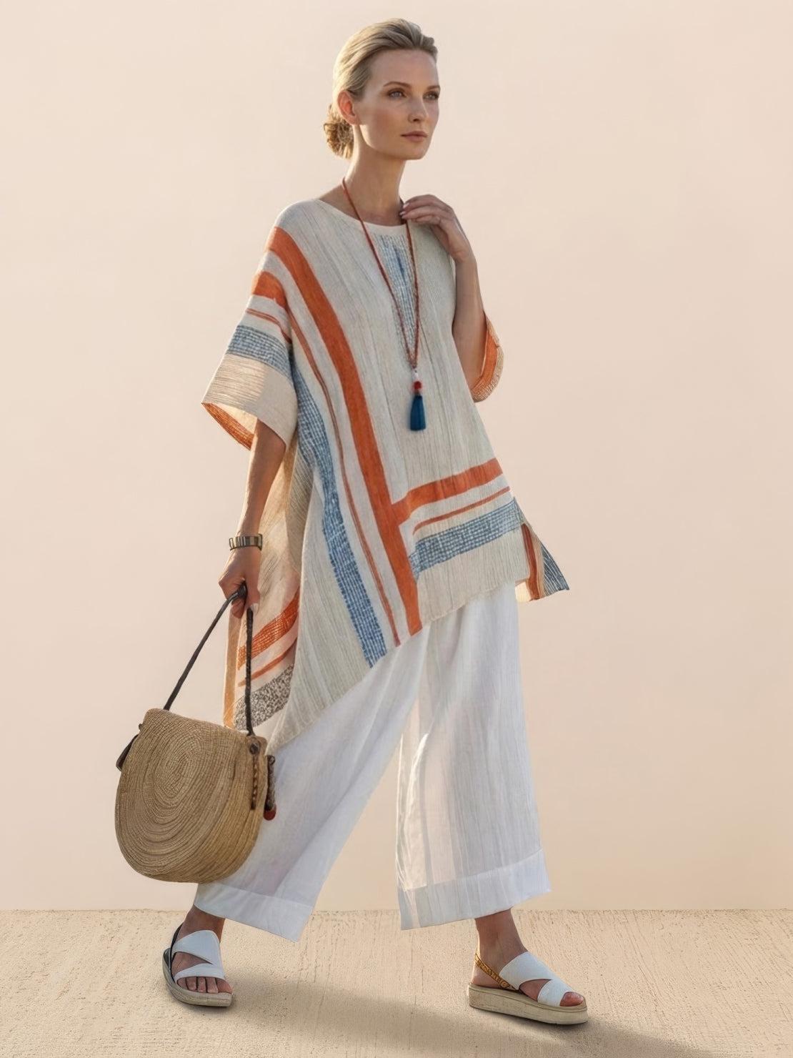 Paloma | Women's Striped Wide-Leg Pants and Tee Set - Casual Two-Piece Outfit