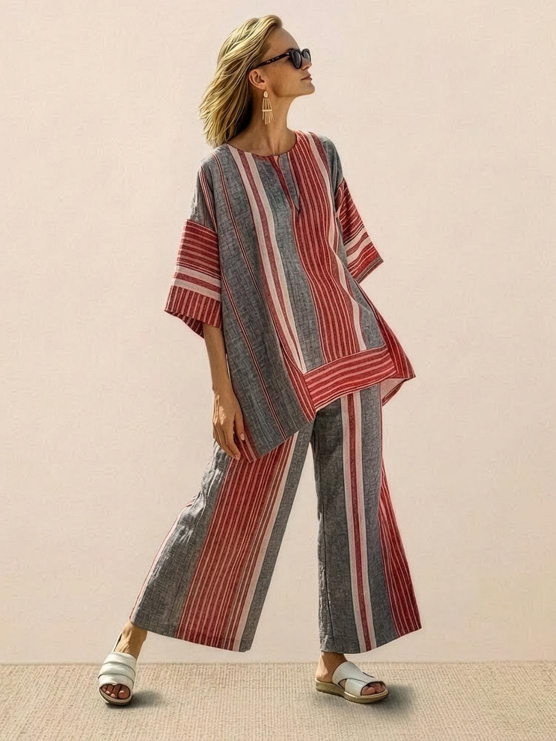 Paloma | Women's Striped Wide-Leg Pants and Tee Set - Casual Two-Piece Outfit