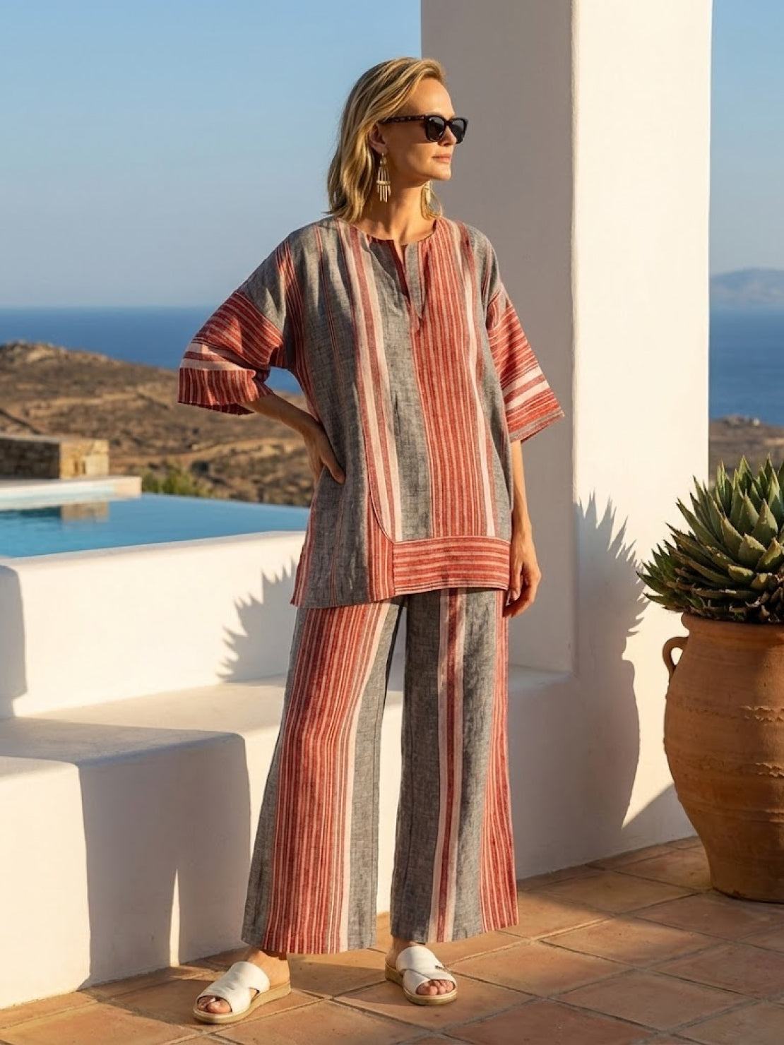 Paloma | Women's Striped Wide-Leg Pants and Tee Set - Casual Two-Piece Outfit
