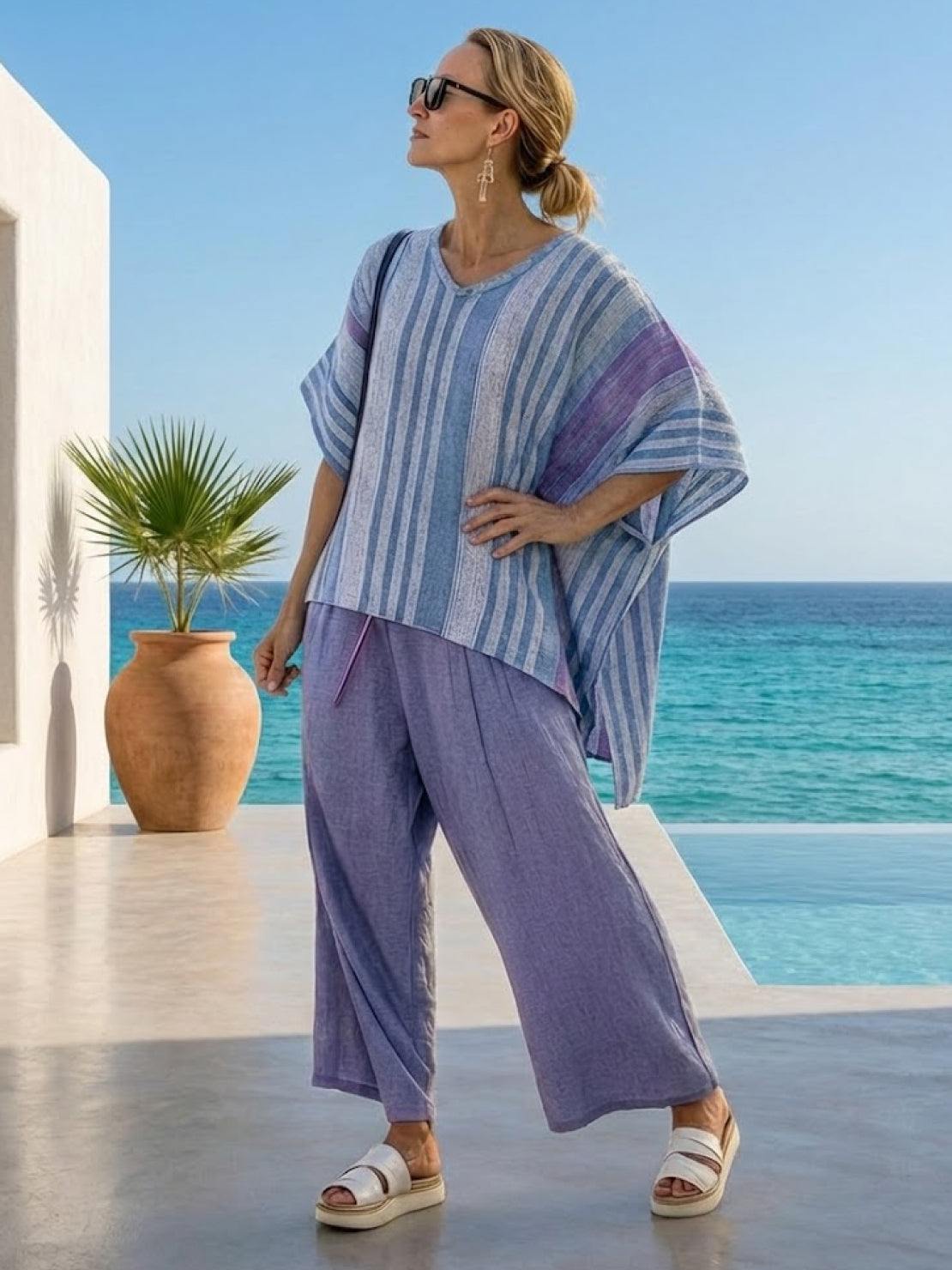Paloma | Women's Striped Wide-Leg Pants and Tee Set - Casual Two-Piece Outfit