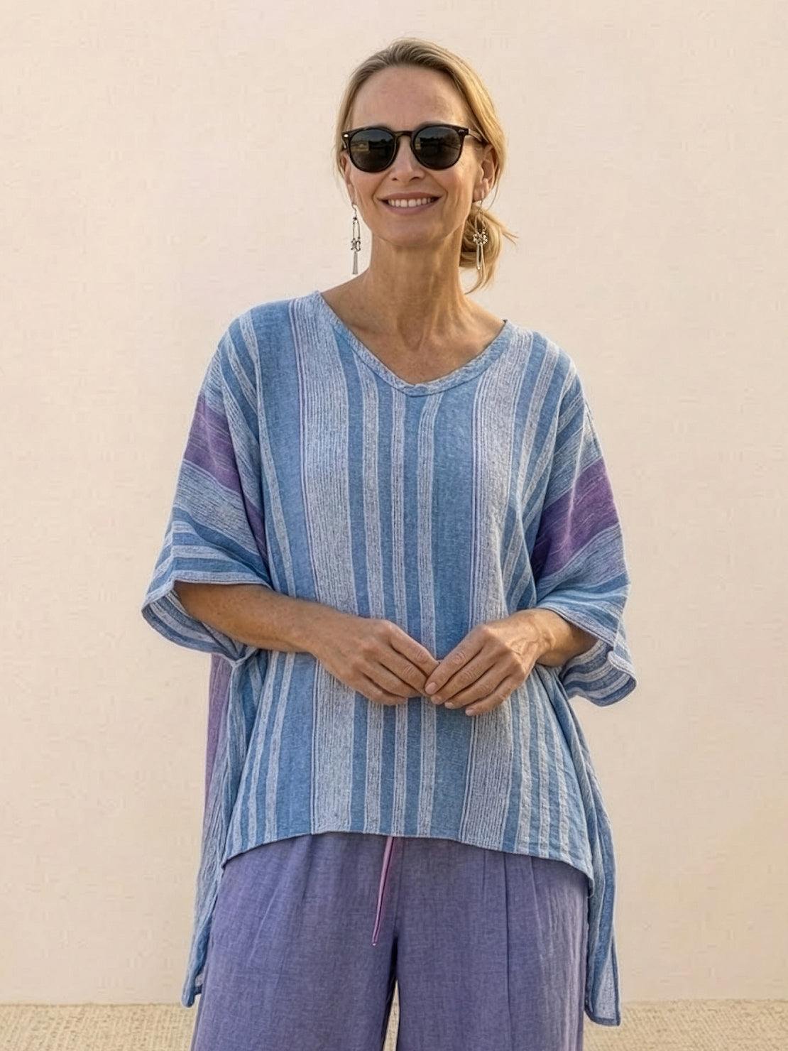 Paloma | Women's Striped Wide-Leg Pants and Tee Set - Casual Two-Piece Outfit
