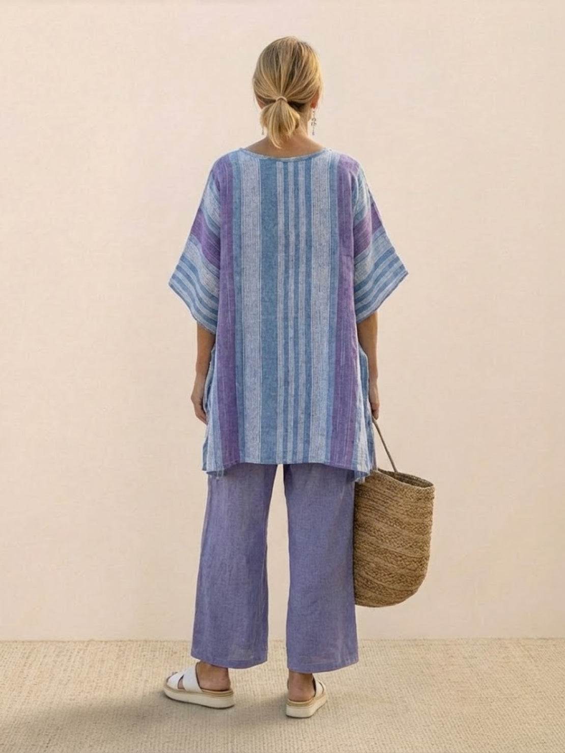 Paloma | Women's Striped Wide-Leg Pants and Tee Set - Casual Two-Piece Outfit