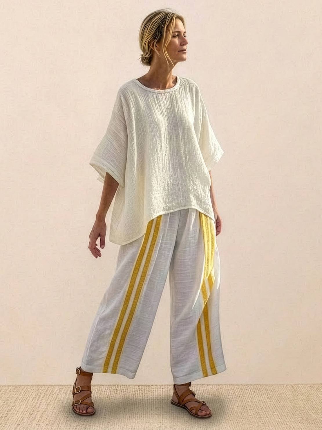 Paloma | Women's Striped Wide-Leg Pants and Tee Set - Casual Two-Piece Outfit