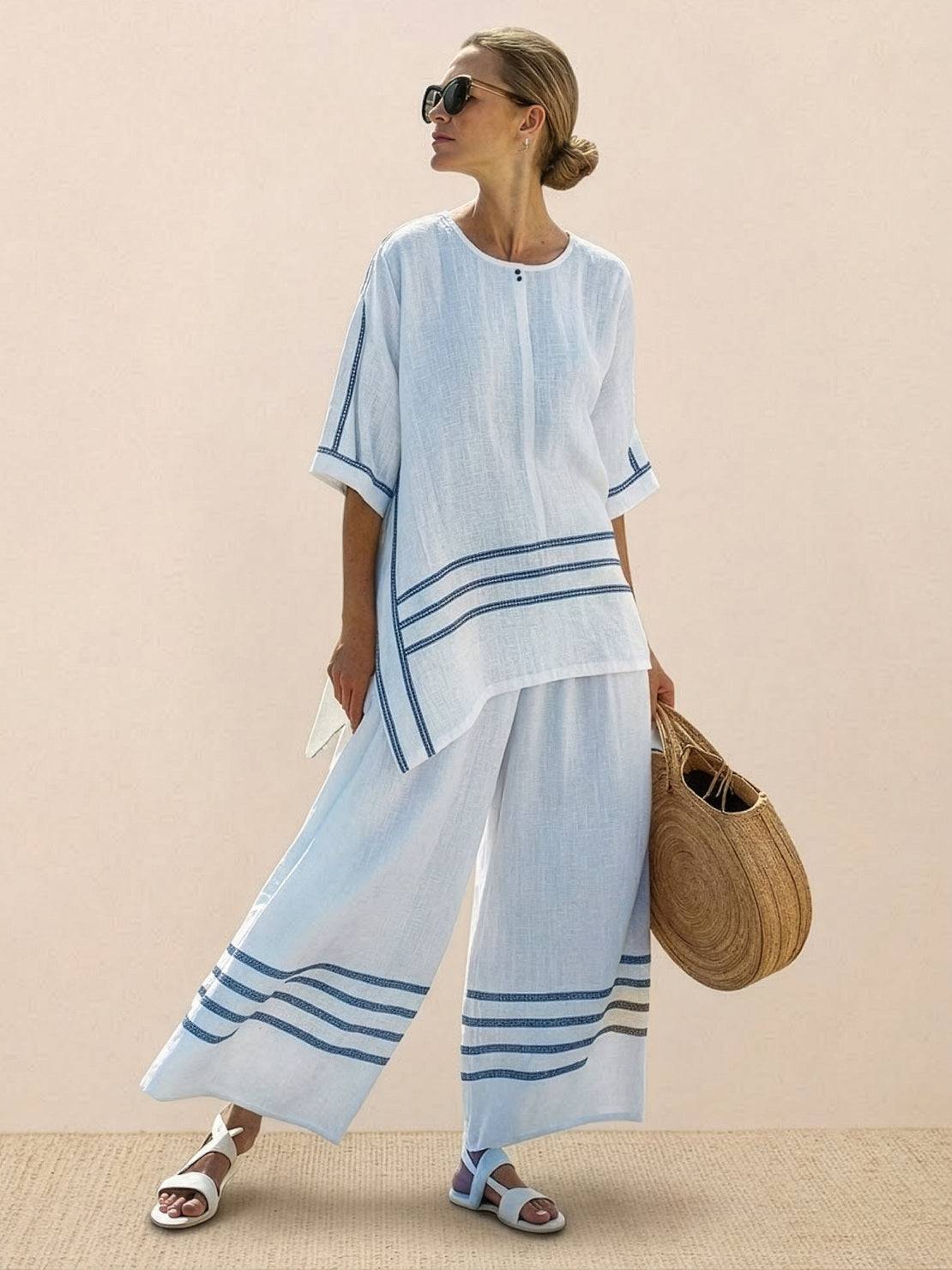 Paloma | Women's Striped Wide-Leg Pants and Tee Set - Casual Two-Piece Outfit