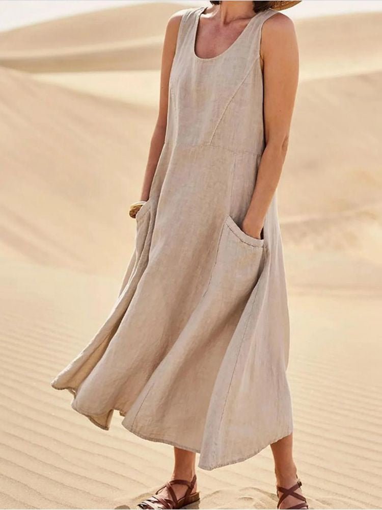 Sage | Women's Sleeveless Maxi Dress with Scoop Neck and Pockets