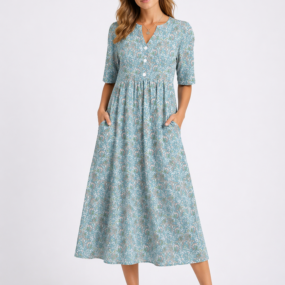 Daphne | Women's Floral V-Neck Midi Dress with 3/4 Sleeves