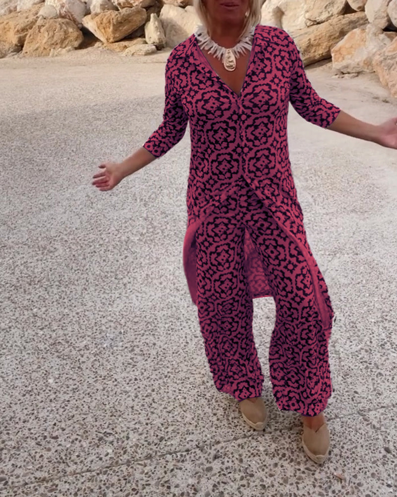 Delphine | Women's V-Neck Tunic and Wide Leg Pants Set with Print