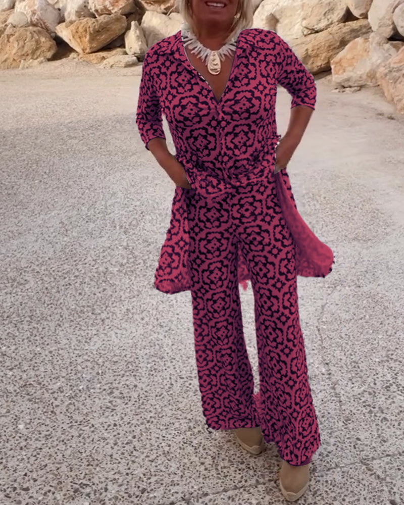 Delphine | Women's V-Neck Tunic and Wide Leg Pants Set with Print