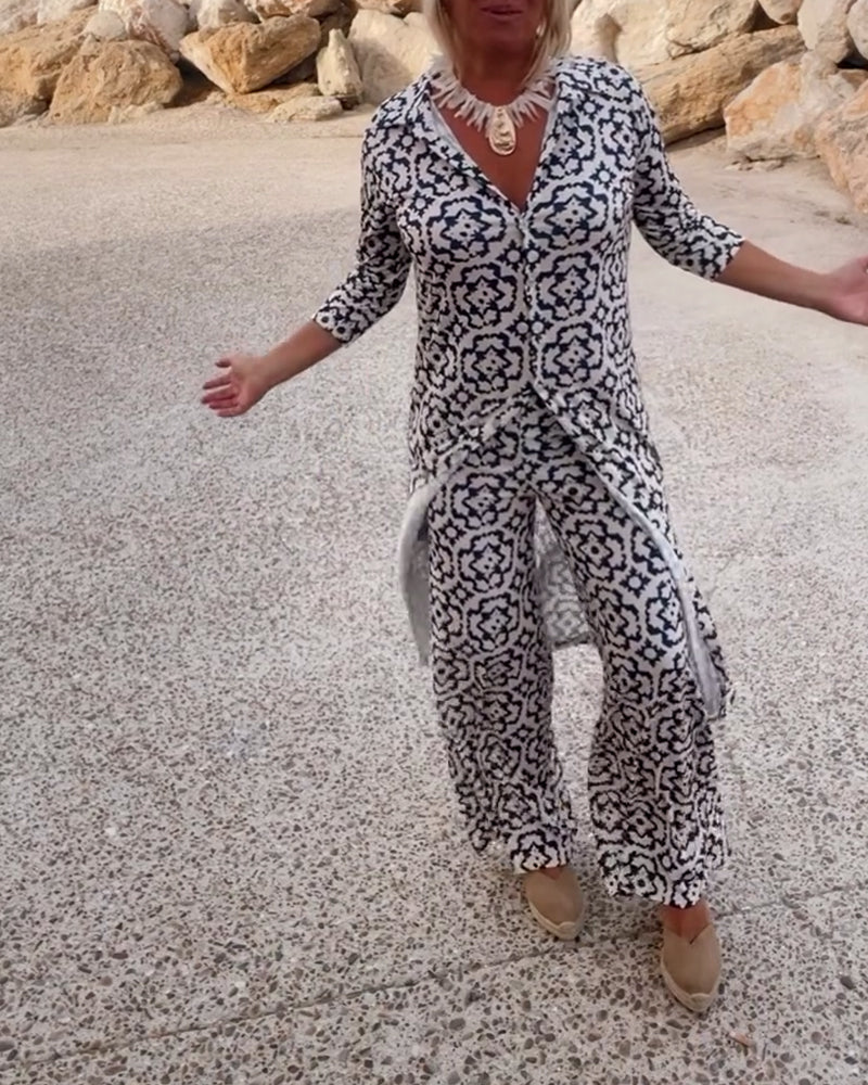 Delphine | Women's V-Neck Tunic and Wide Leg Pants Set with Print