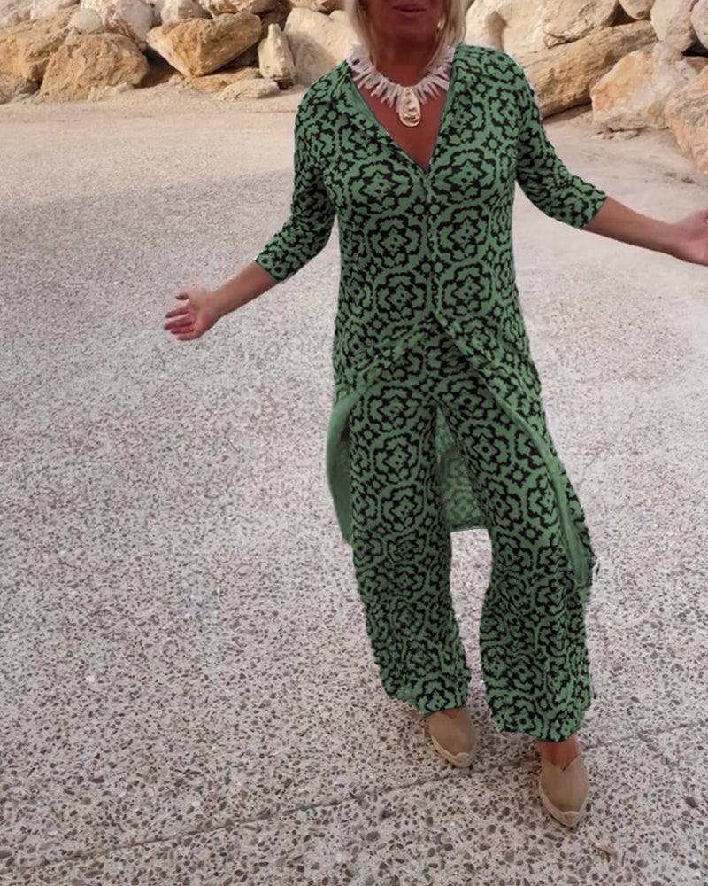 Delphine | Women's V-Neck Tunic and Wide Leg Pants Set with Print