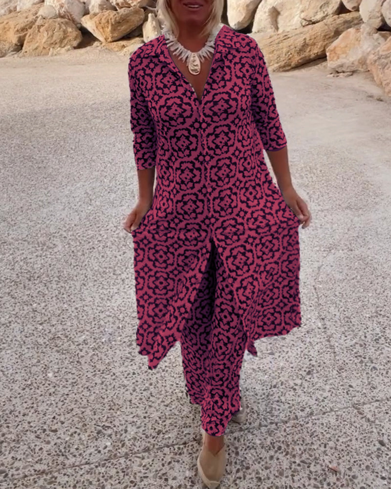 Delphine | Women's V-Neck Tunic and Wide Leg Pants Set with Print