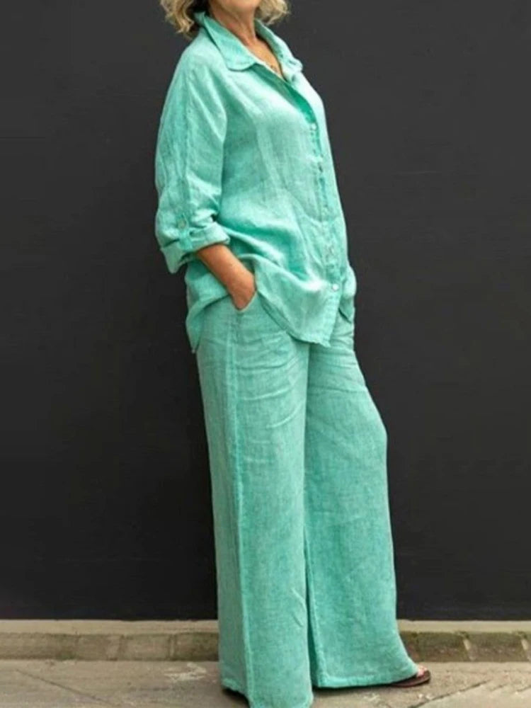 Petra | Women's Long Sleeve Shirt & Wide Leg Pants 2-Piece Set