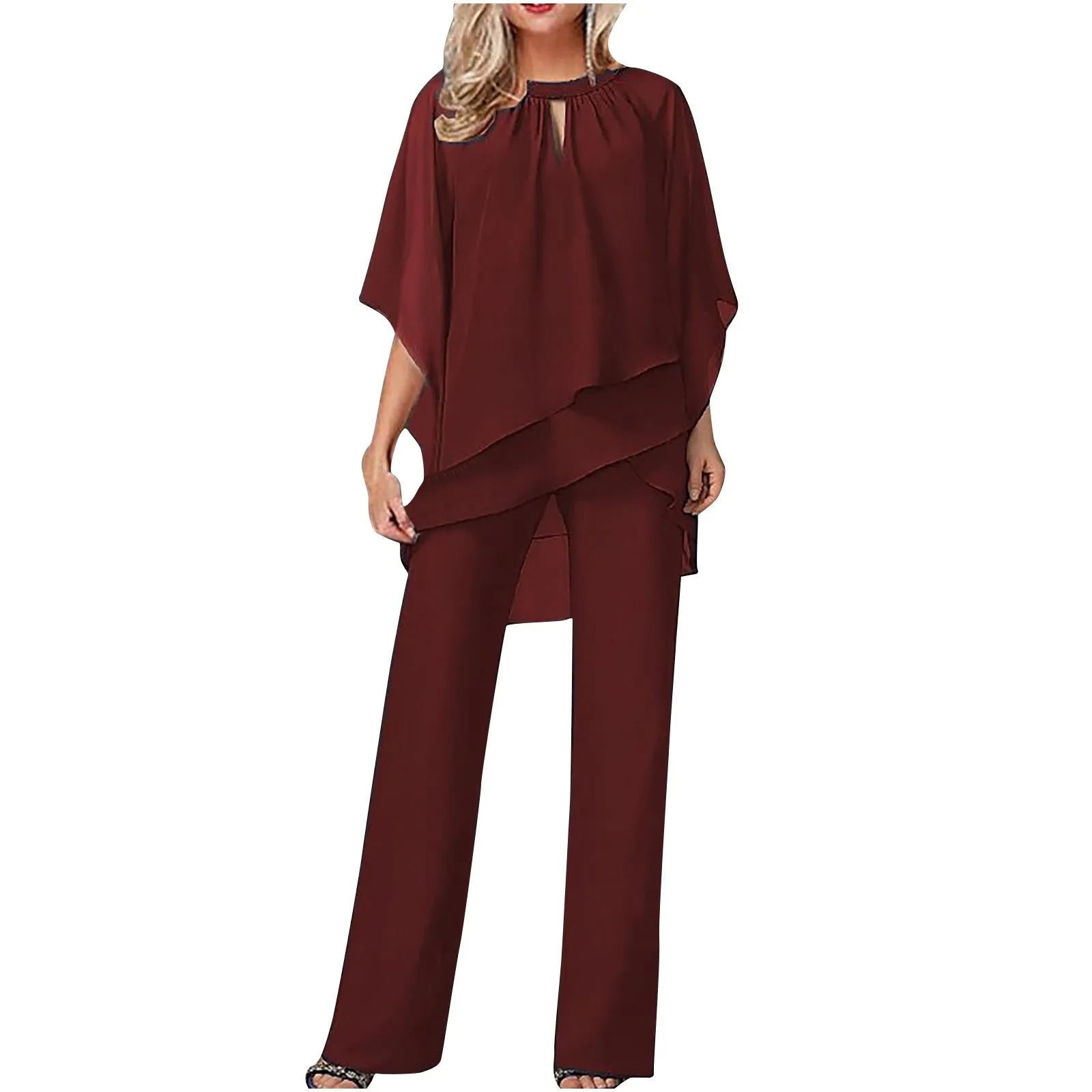 Vivienne | Women's Wide Leg Pantsuit with Chiffon Overlay and Batwing Sleeves