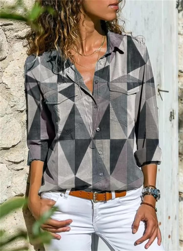Petra | Women's Long Sleeve Button-Up Shirt with Geometric Print