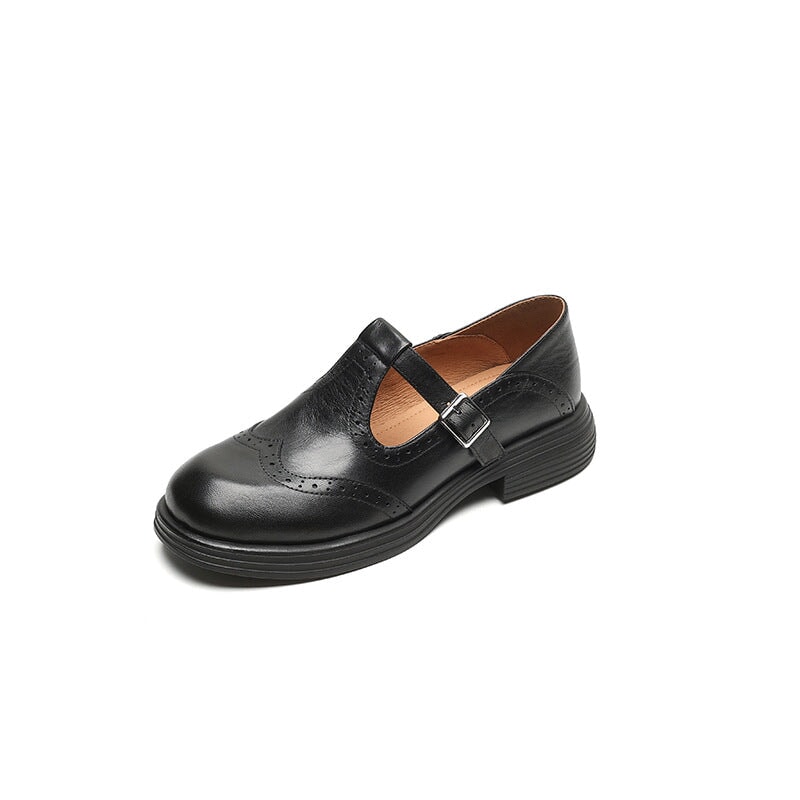 Rosie | Women's Brogue Block Heel T-Strap Mary Jane Leather Shoes