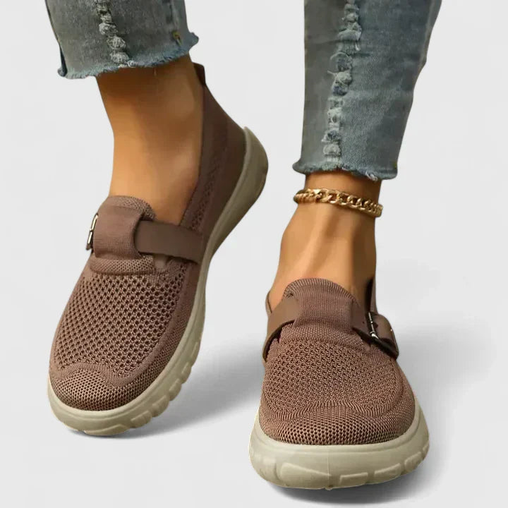Sara | Women's Mesh Slip-On Sneakers Featuring Buckle Strap Accent