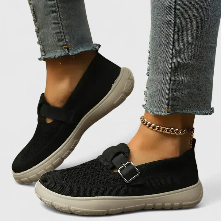 Sara | Women's Mesh Slip-On Sneakers Featuring Buckle Strap Accent