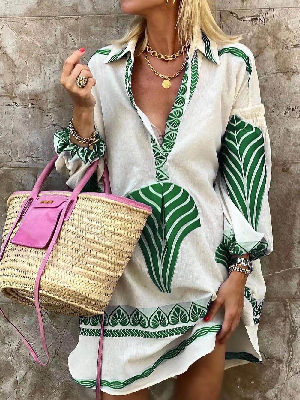 Elysia | Women's Long Sleeve Mini Dress with V-Neck and Print