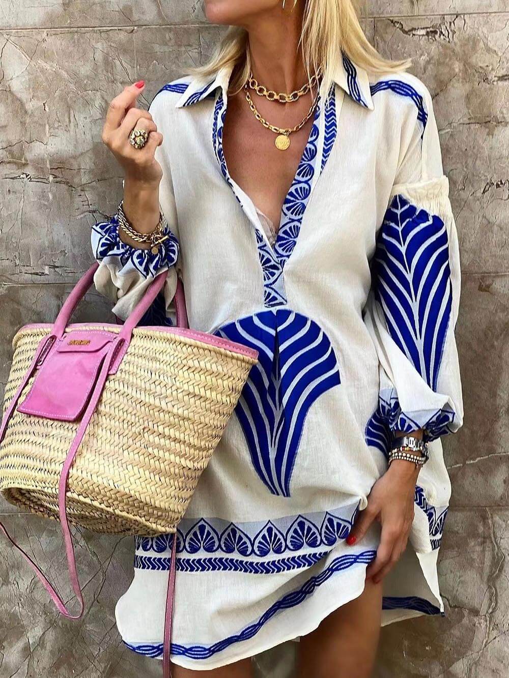 Elysia | Women's Long Sleeve Mini Dress with V-Neck and Print