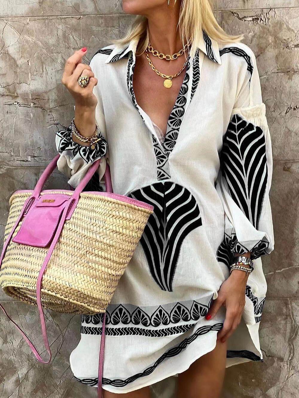 Elysia | Women's Long Sleeve Mini Dress with V-Neck and Print