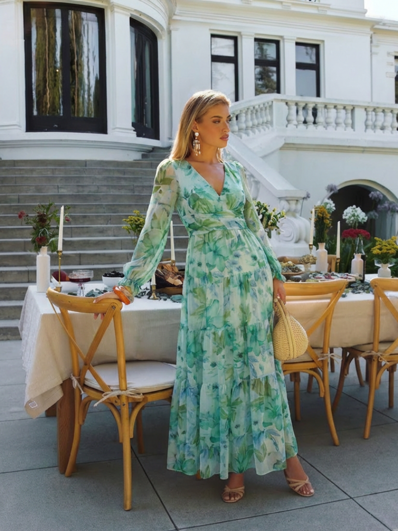 Emilia | Women's Floral Maxi Dress with V-Neck and Long Sleeves