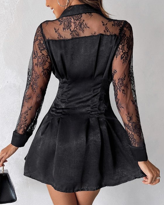 Evangeline | Women's Long Sleeve Lace Mini Dress with Button Front