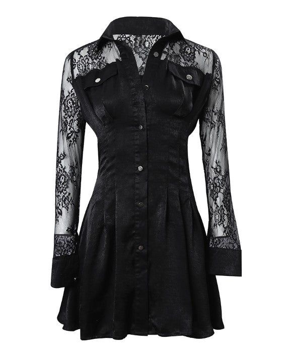 Evangeline | Women's Long Sleeve Lace Mini Dress with Button Front