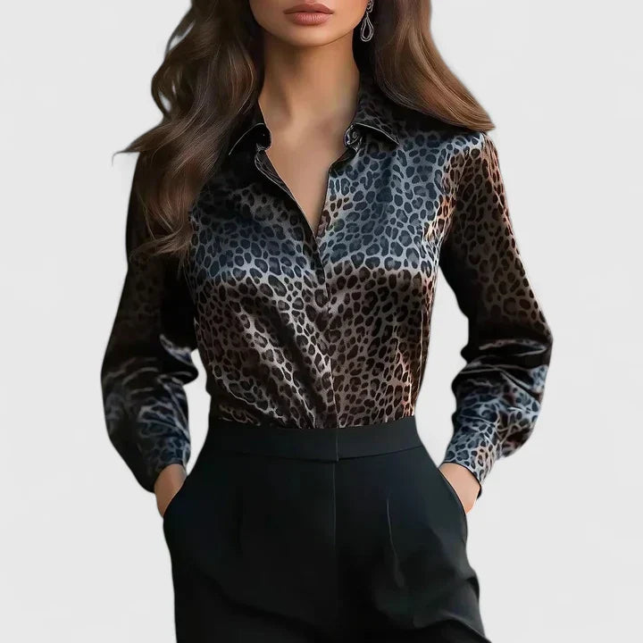 Fleur | Women's Long Sleeve Collared Blouse in Leopard Print