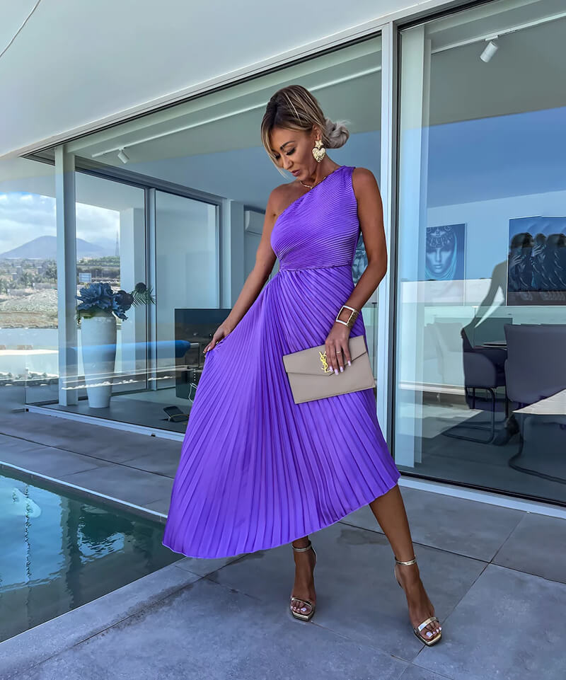 Peony | Women's One-Shoulder Asymmetric Midi Dress for Wedding Guests