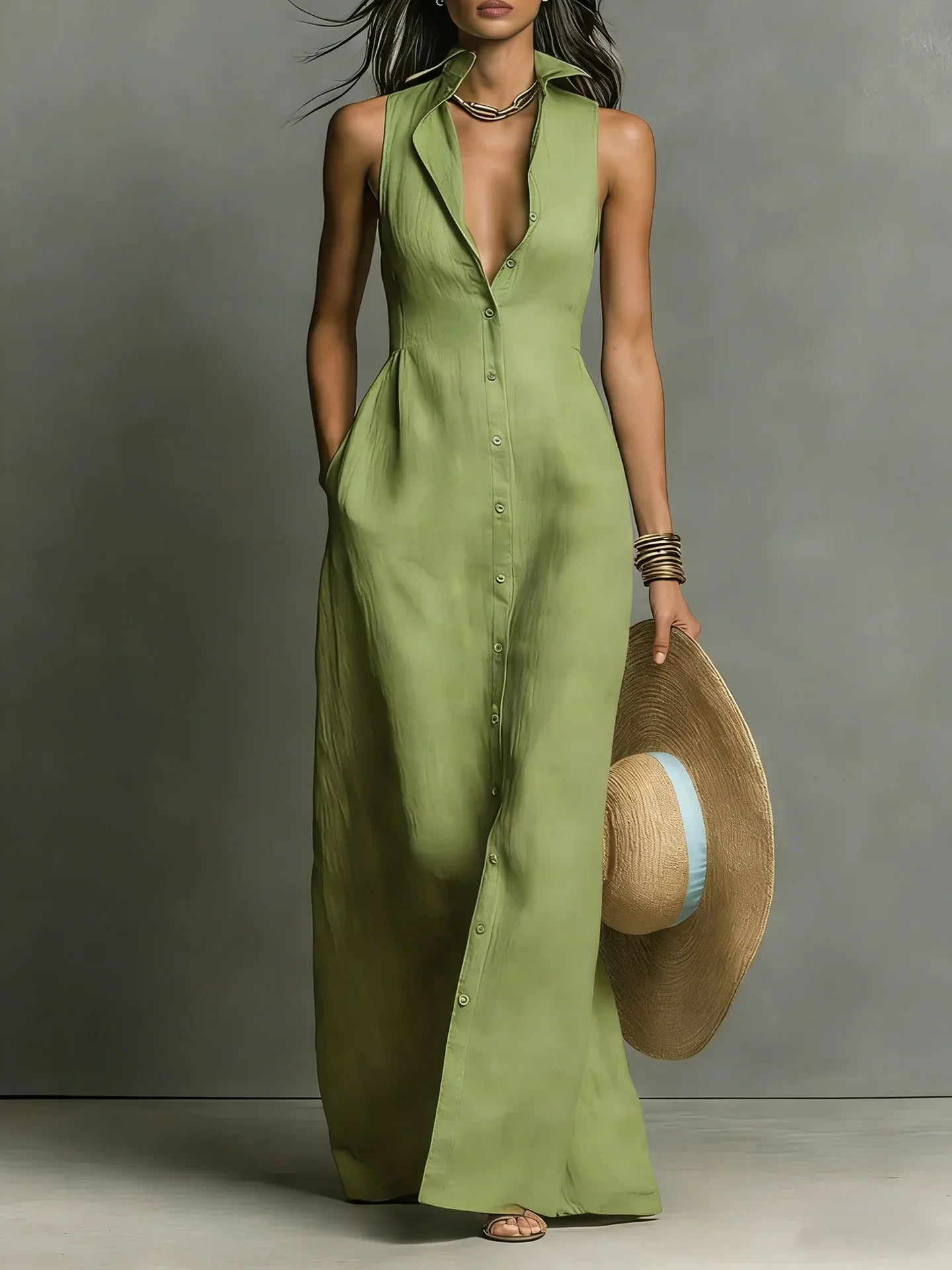 Francine | Women's Sleeveless Maxi Dress with Button Down Detail