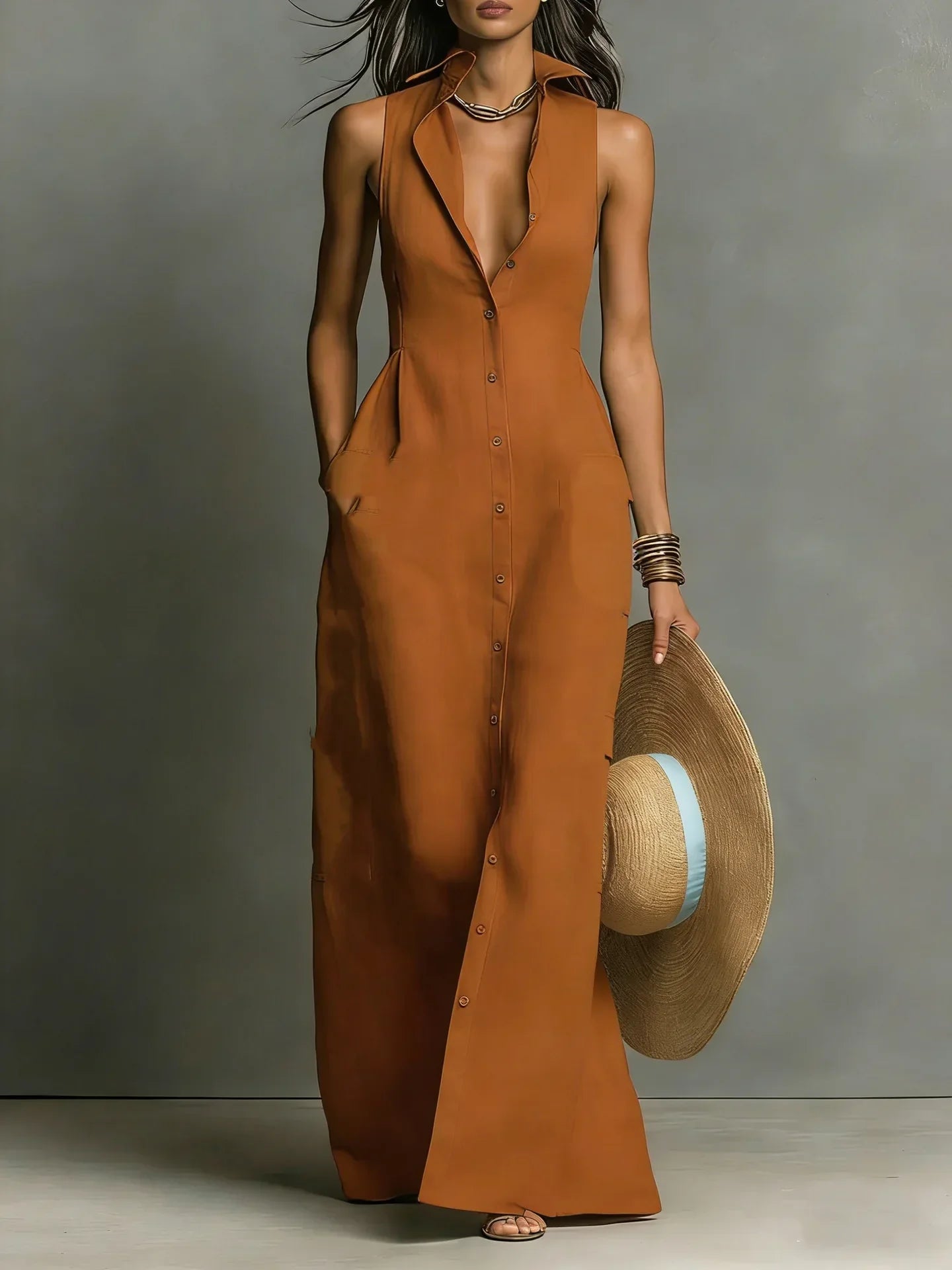 Francine | Women's Sleeveless Maxi Dress with Button Down Detail
