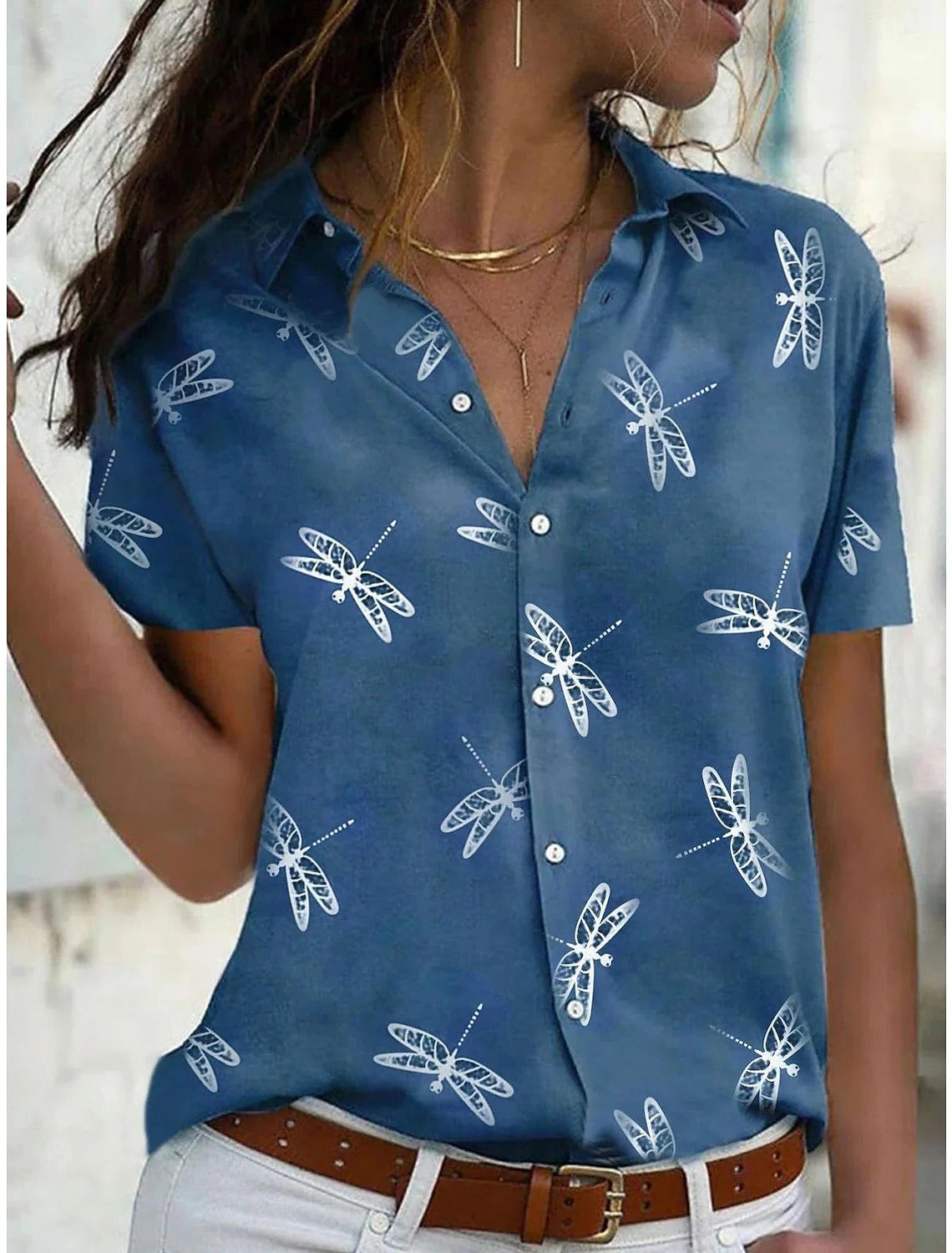 Daisy | Women's Short Sleeve Button-Down Shirt with Dragonfly Print