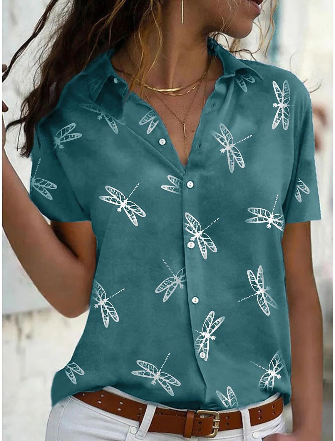 Daisy | Women's Short Sleeve Button-Down Shirt with Dragonfly Print