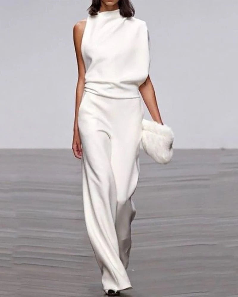 Ivory Women's Sleeveless Wide Leg Jumpsuit with Mock Neck - Formal Attire