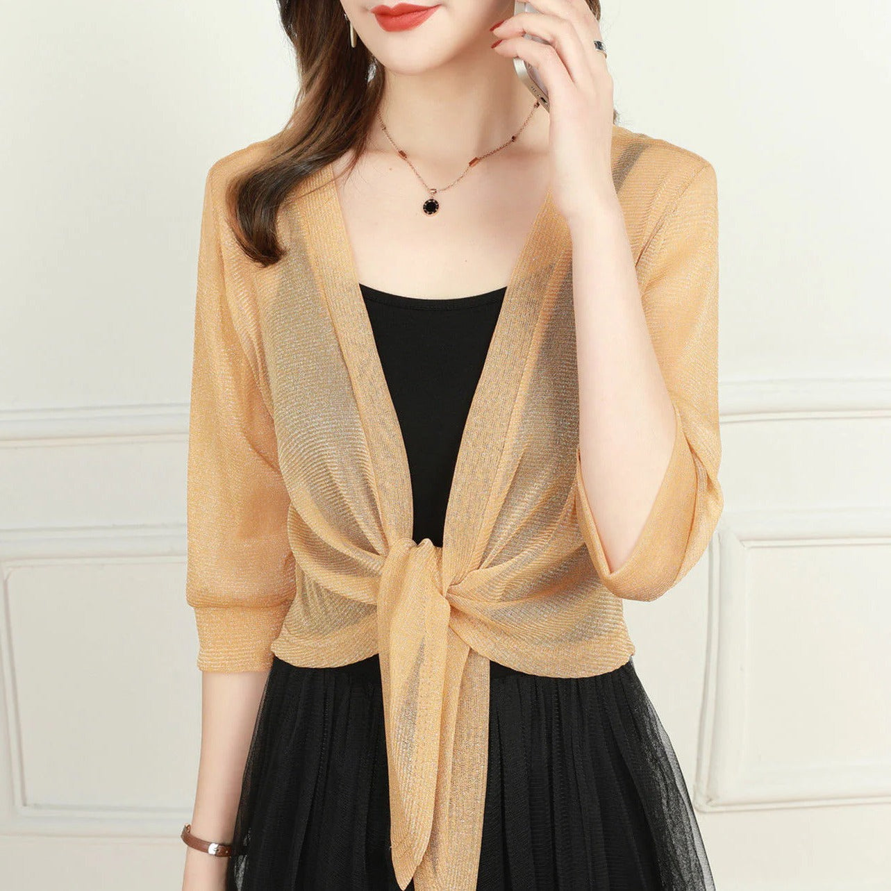 Brisa | Women's Sheer Tie-Front Blouse with Open Front and 3/4 Sleeves