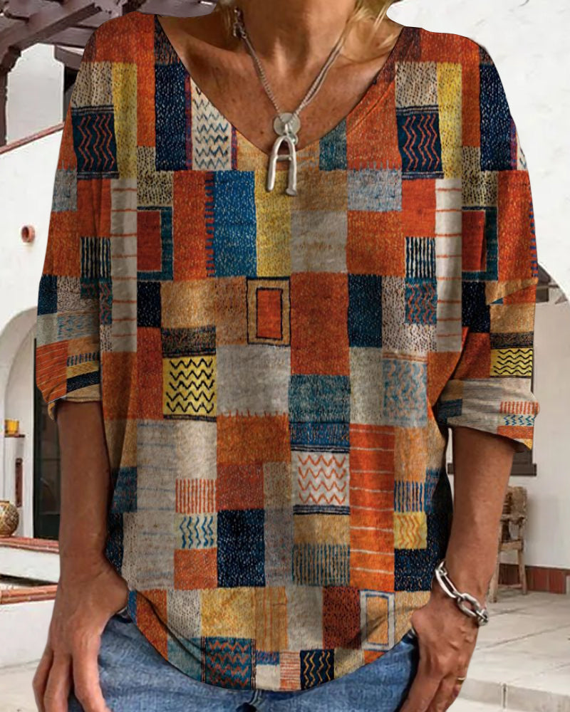 Imogen | Women's V-Neck Patchwork Blouse with 3/4 Sleeves