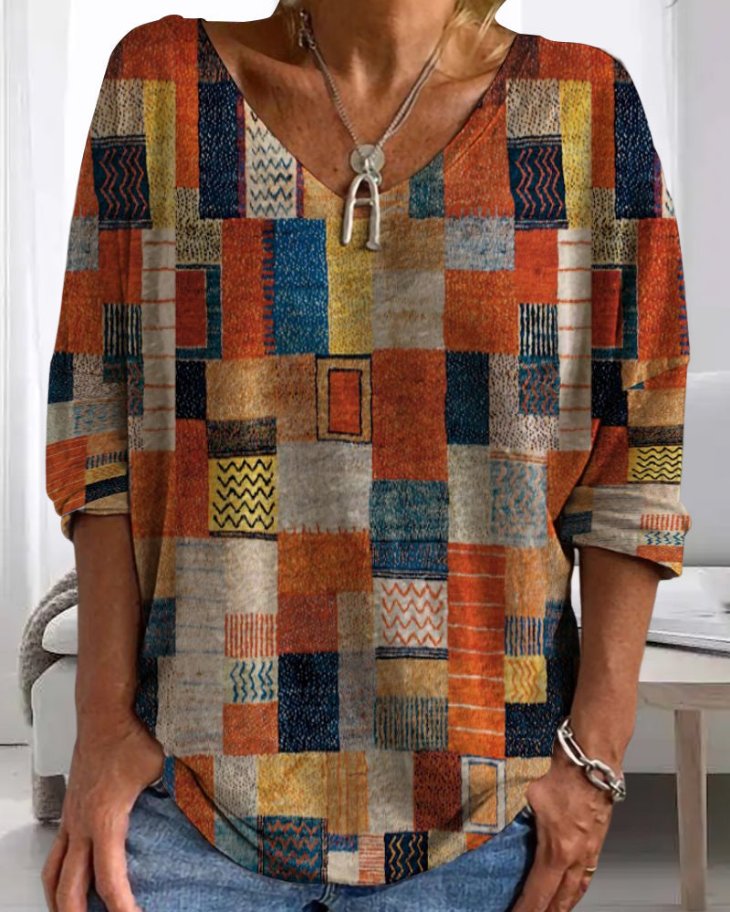 Imogen | Women's V-Neck Patchwork Blouse with 3/4 Sleeves