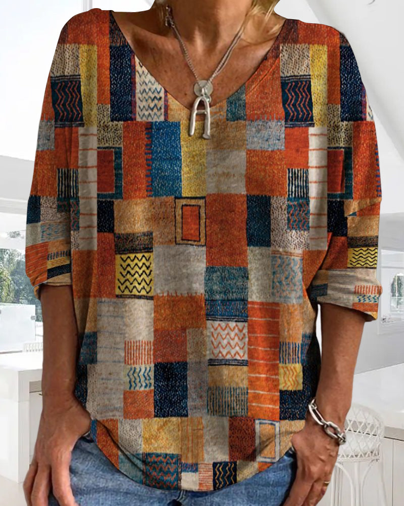 Imogen | Women's V-Neck Patchwork Blouse with 3/4 Sleeves