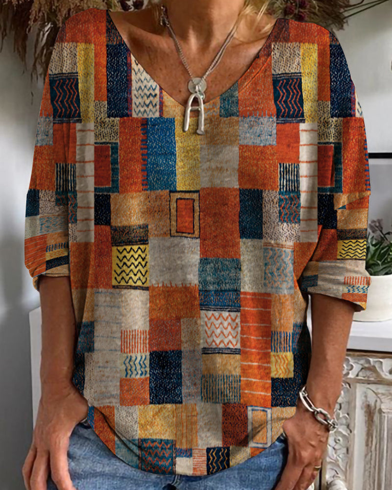 Imogen | Women's V-Neck Patchwork Blouse with 3/4 Sleeves